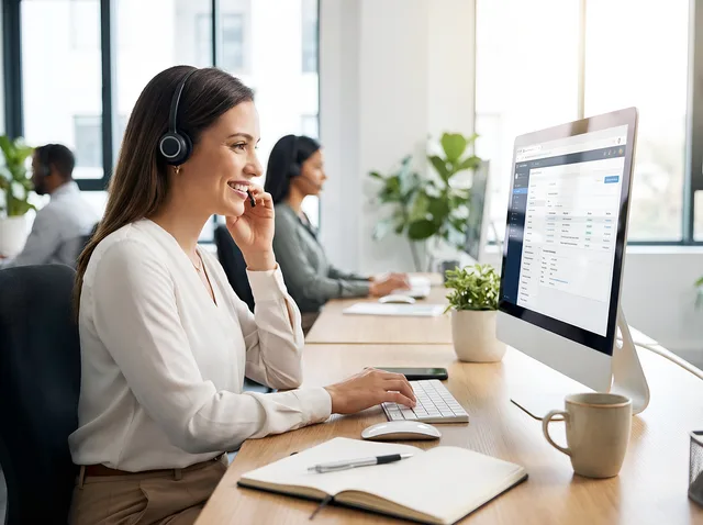 woman, office, work, desk, business, notebook, workplace, write, team, monitor, computer, mouse, screen, office work, headset, hotline, call center, communication, service, consulting, secretary, ai generated. Checking human handoff when an answer is uncertain